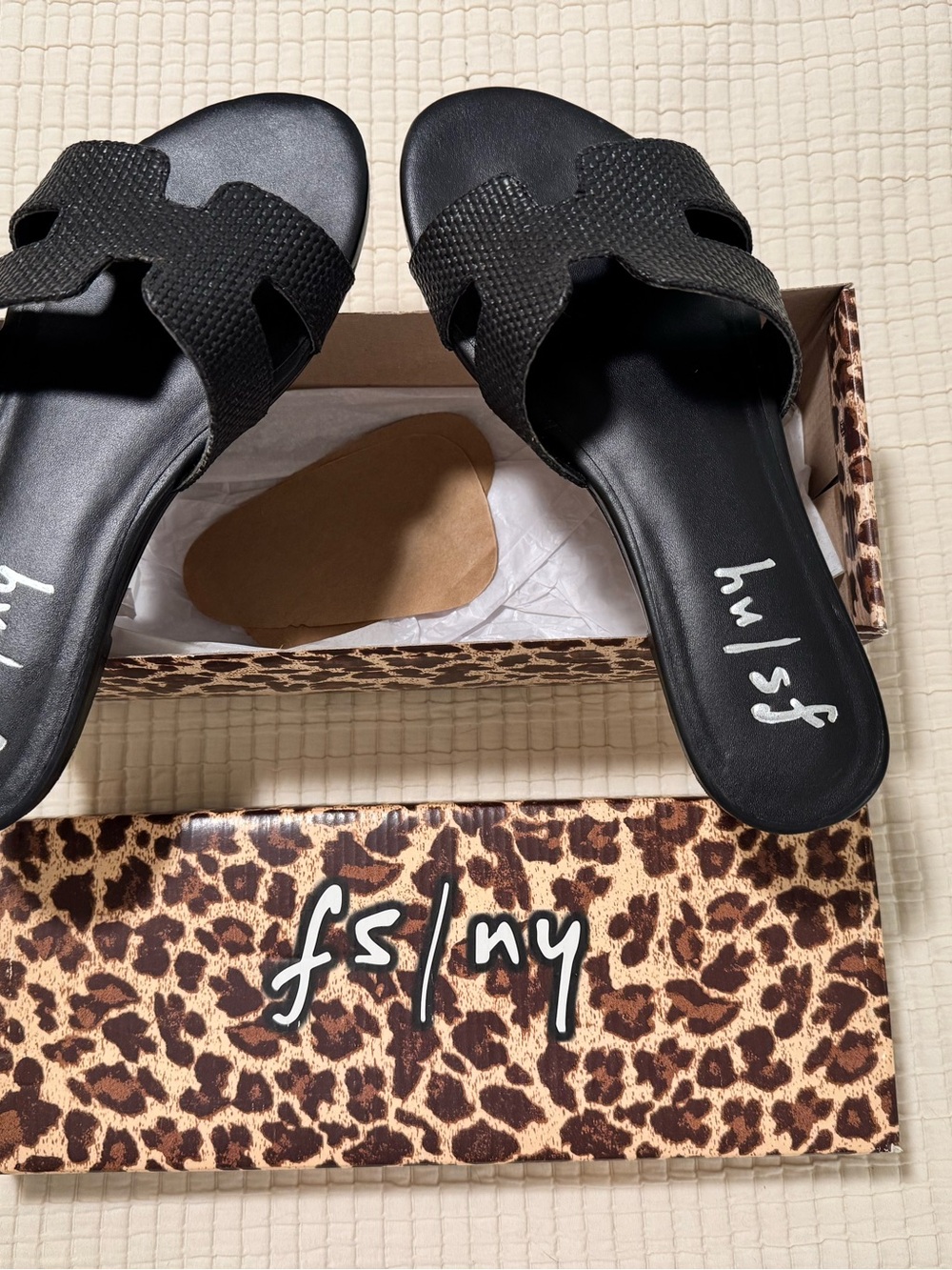 Black Textured Slide Mules for Women